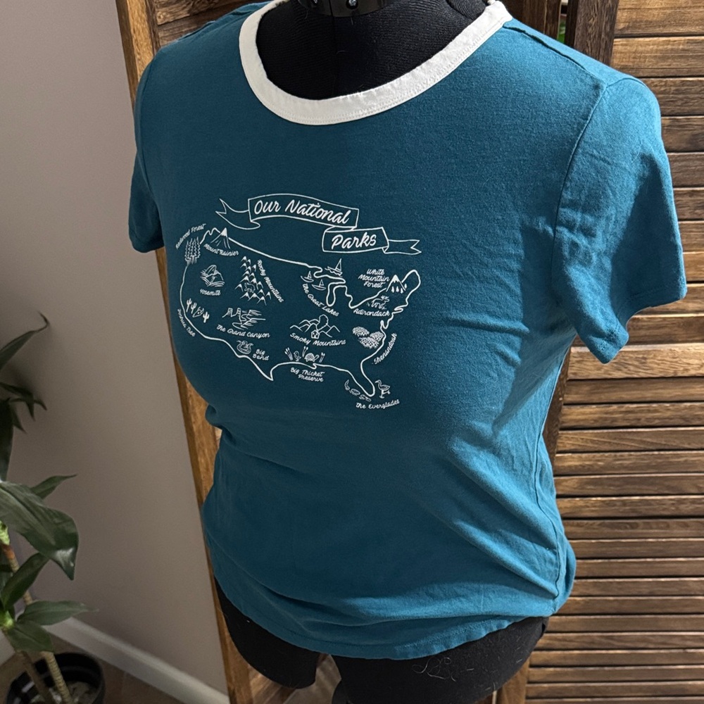 Old Navy Teal Short Sleeve Ringer Tee with White Graphic